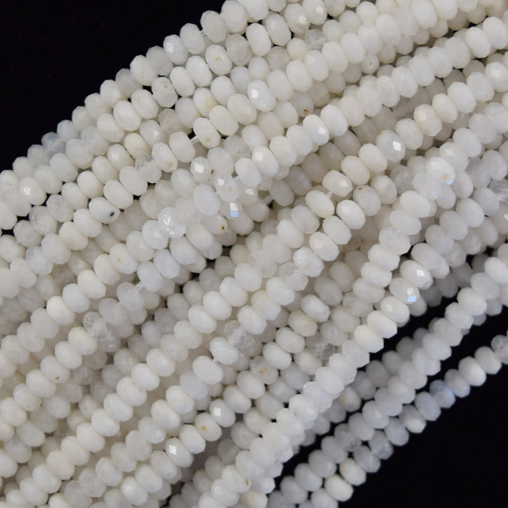 Natural Faceted White Moonstone Rondelle Button Beads 15.5" Strand 3mm 4mm