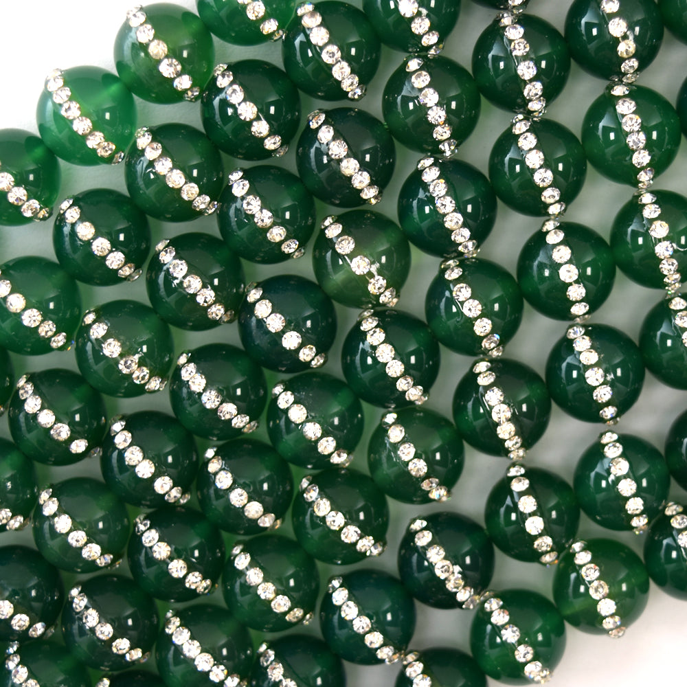 Green Onyx Round Beads With Rhinestone Inlaid 15" Strand 6mm 8mm 10mm 12mm