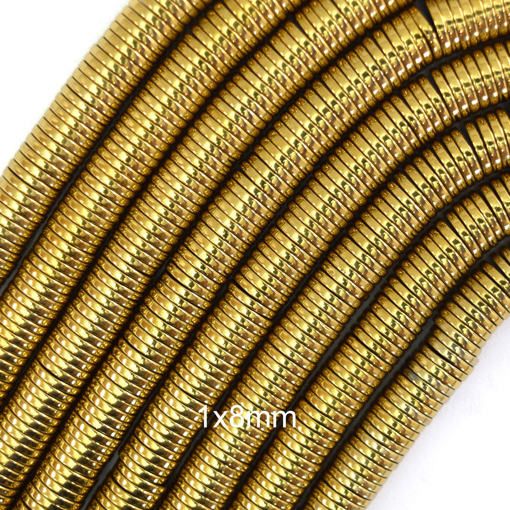 1mm Thick Gold Hematite Heishi Disc Slice Beads 15.5" Strand 1x4mm 1x6mm 1x8mm