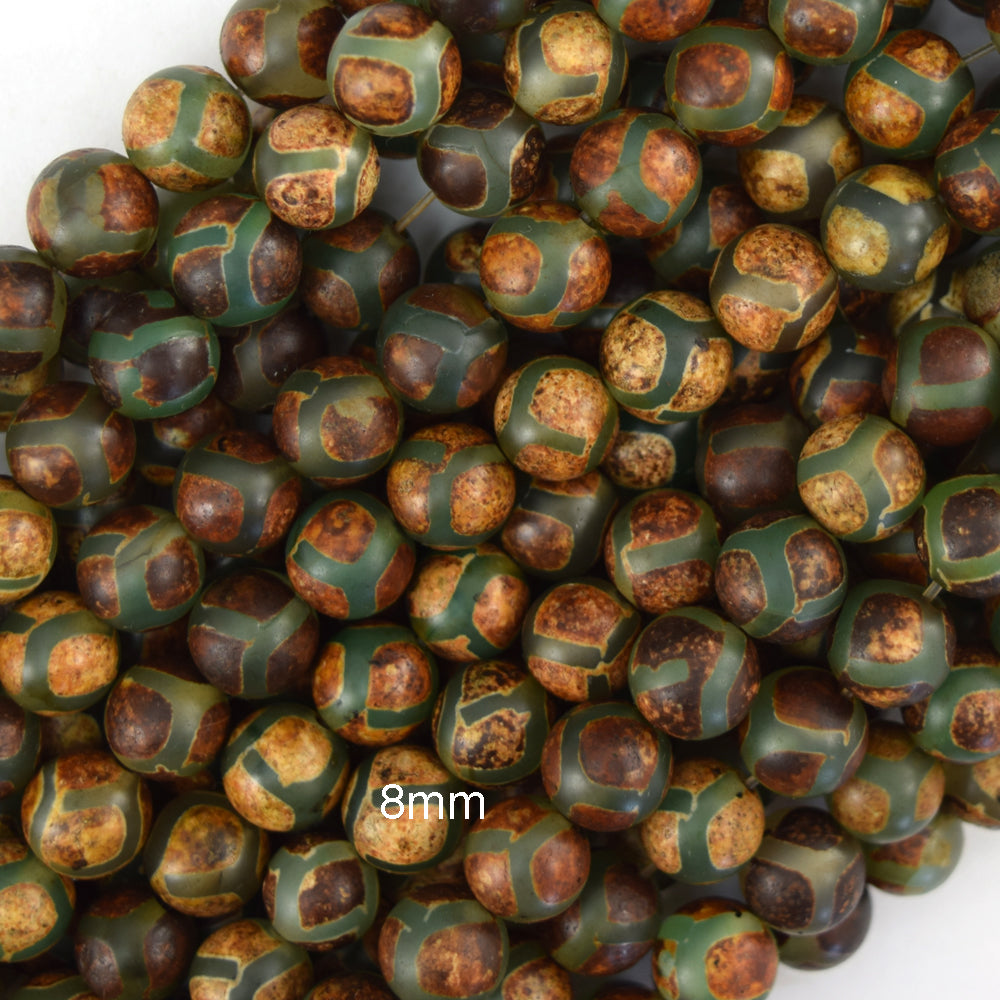Matte Green Brown Tibetan DZI Agate Round Beads 15" Strand 6mm 8mm 10mm Football