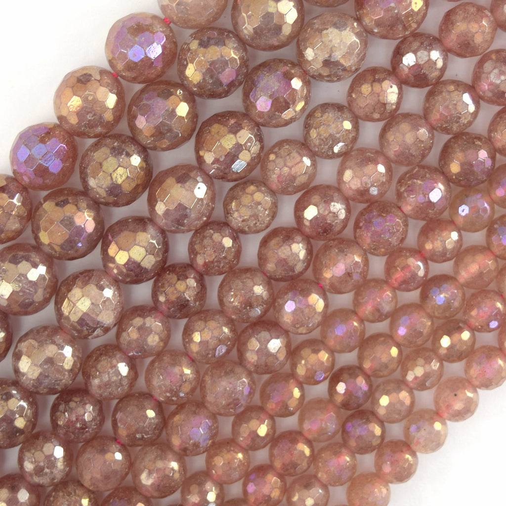 Mystic Titanium Faceted Strawberry Quartz Round Beads 15" Strand 6mm 8mm 10mm
