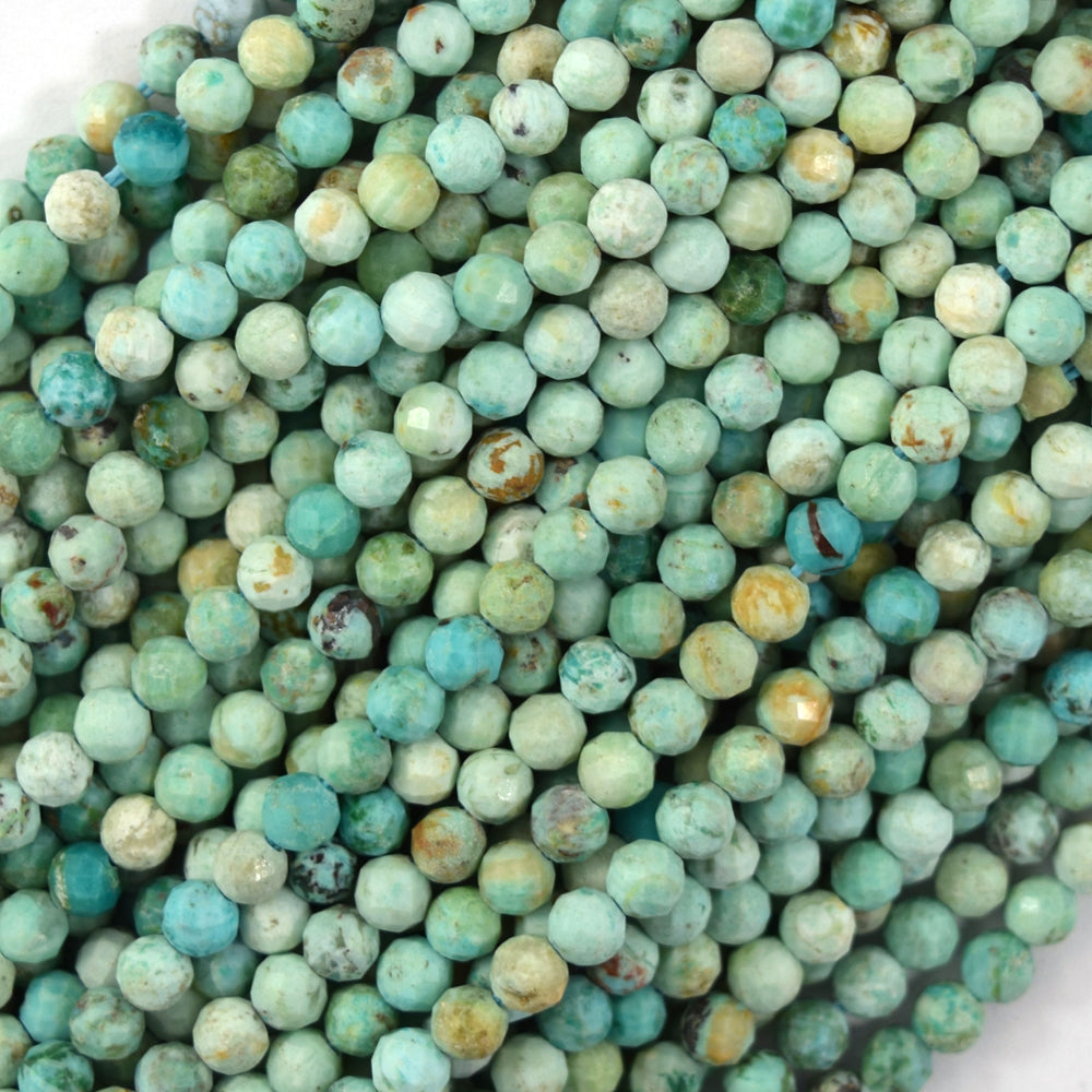 Natural Faceted Peruvian Turquoise Round Beads Gemstone 15.5" Strand 3mm 4mm