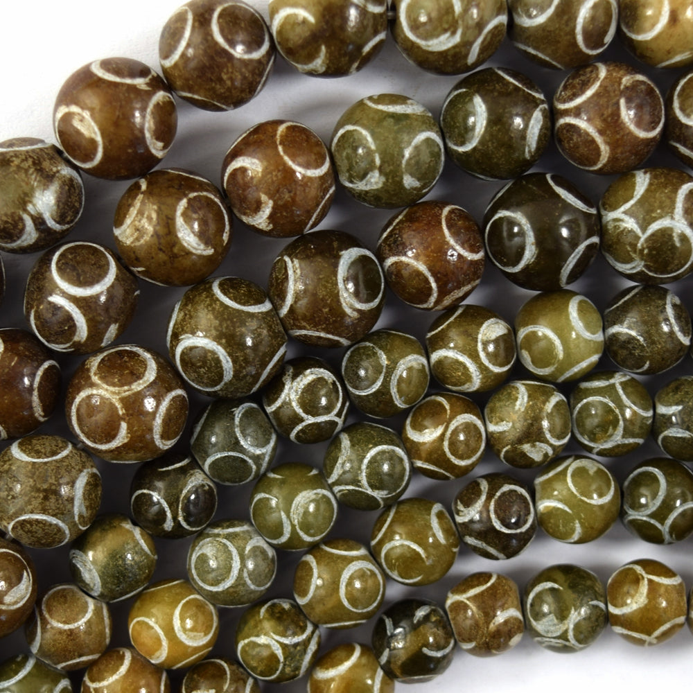 Natural Brown Jade Carved Round Beads Gemstone 15" Strand 8mm 10mm