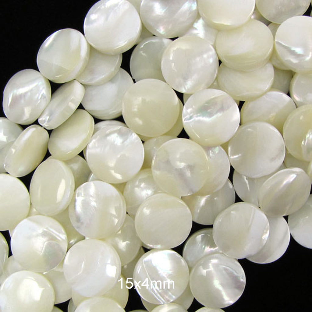 White Mother Of Pearl MOP Coin Beads Gemstone 15" Strand 8mm 10mm 15mm 20mm