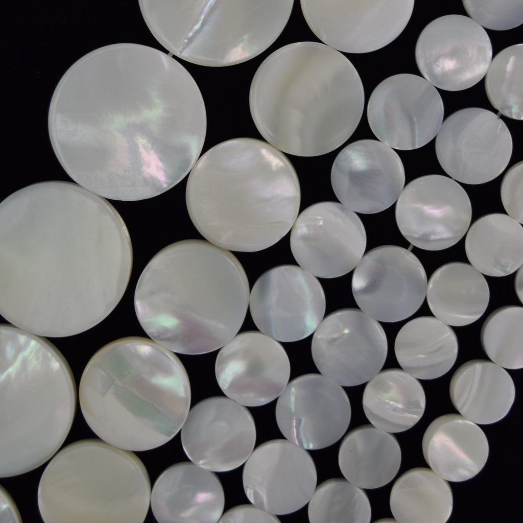 White Mother Of Pearl MOP Coin Beads Gemstone 15" Strand 8mm 10mm 15mm 20mm
