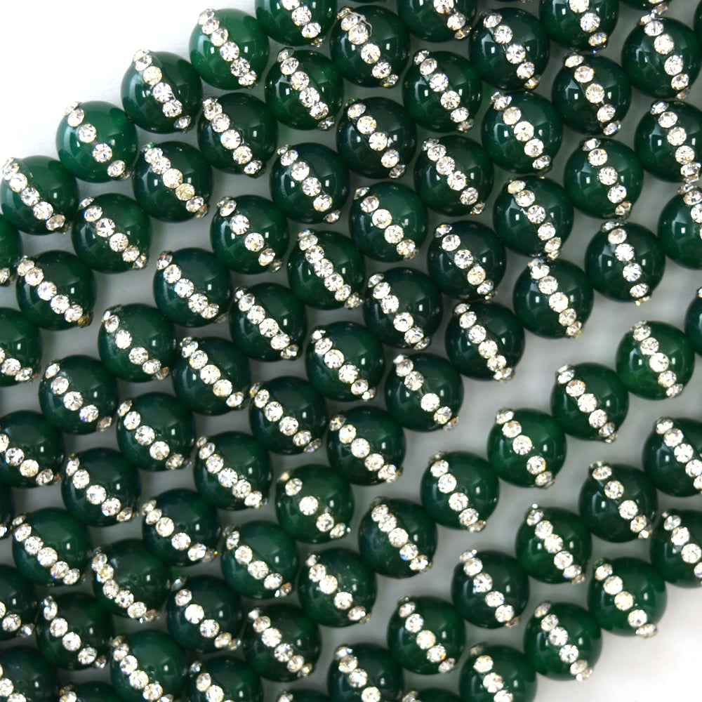 Green Onyx Round Beads With Rhinestone Inlaid 15" Strand 6mm 8mm 10mm 12mm