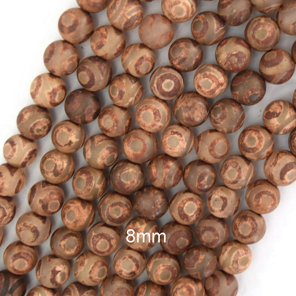 Matte Brown Tibetan DZI Agate Round Beads 15" Strand 6mm 8mm 10mm Evil Eye