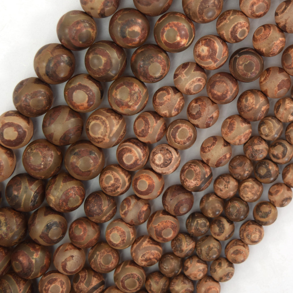 Matte Brown Tibetan DZI Agate Round Beads 15" Strand 6mm 8mm 10mm Evil Eye
