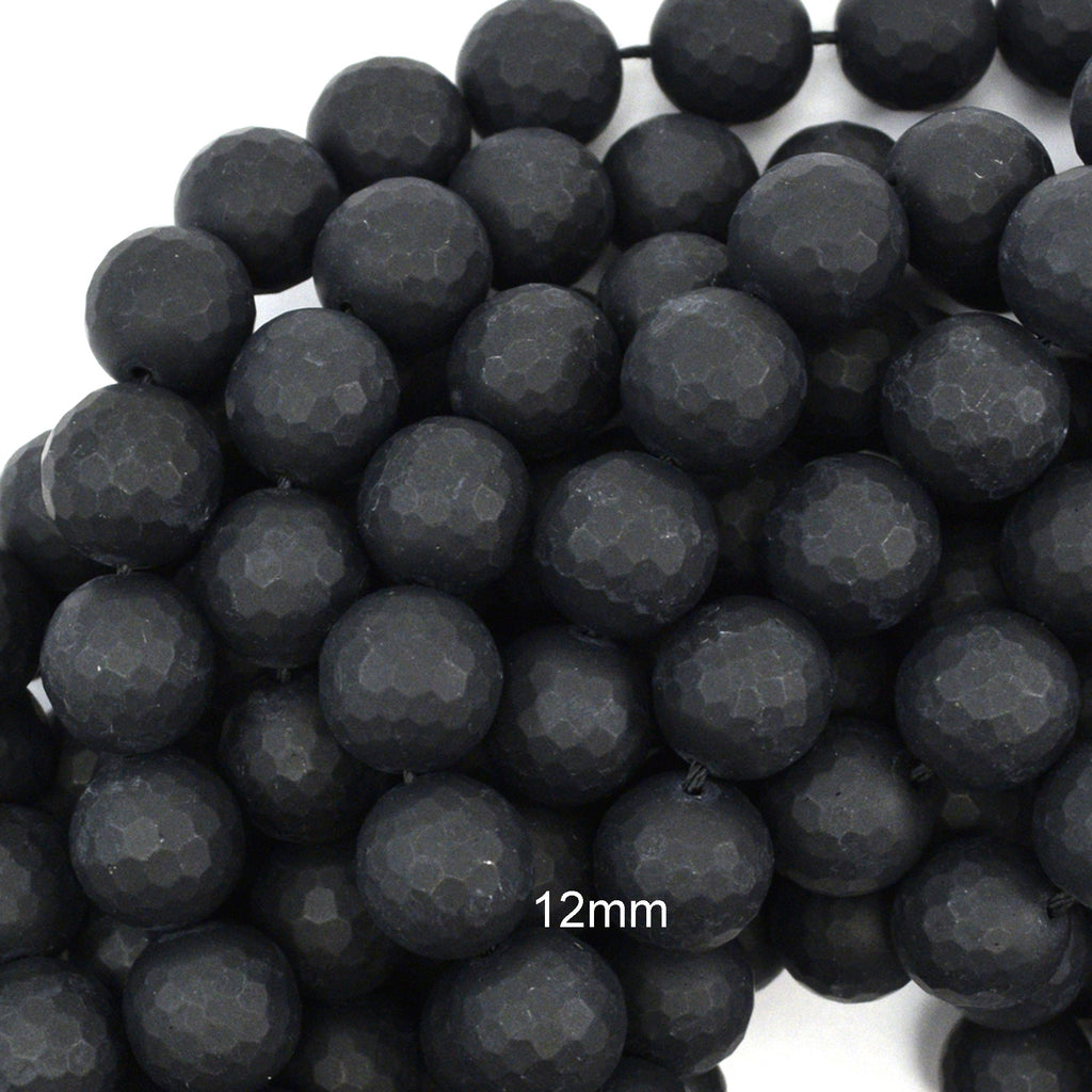 Matte Faceted Black Onyx Round Beads Gemstone 14.5" Strand 6mm 8mm 10mm 12mm