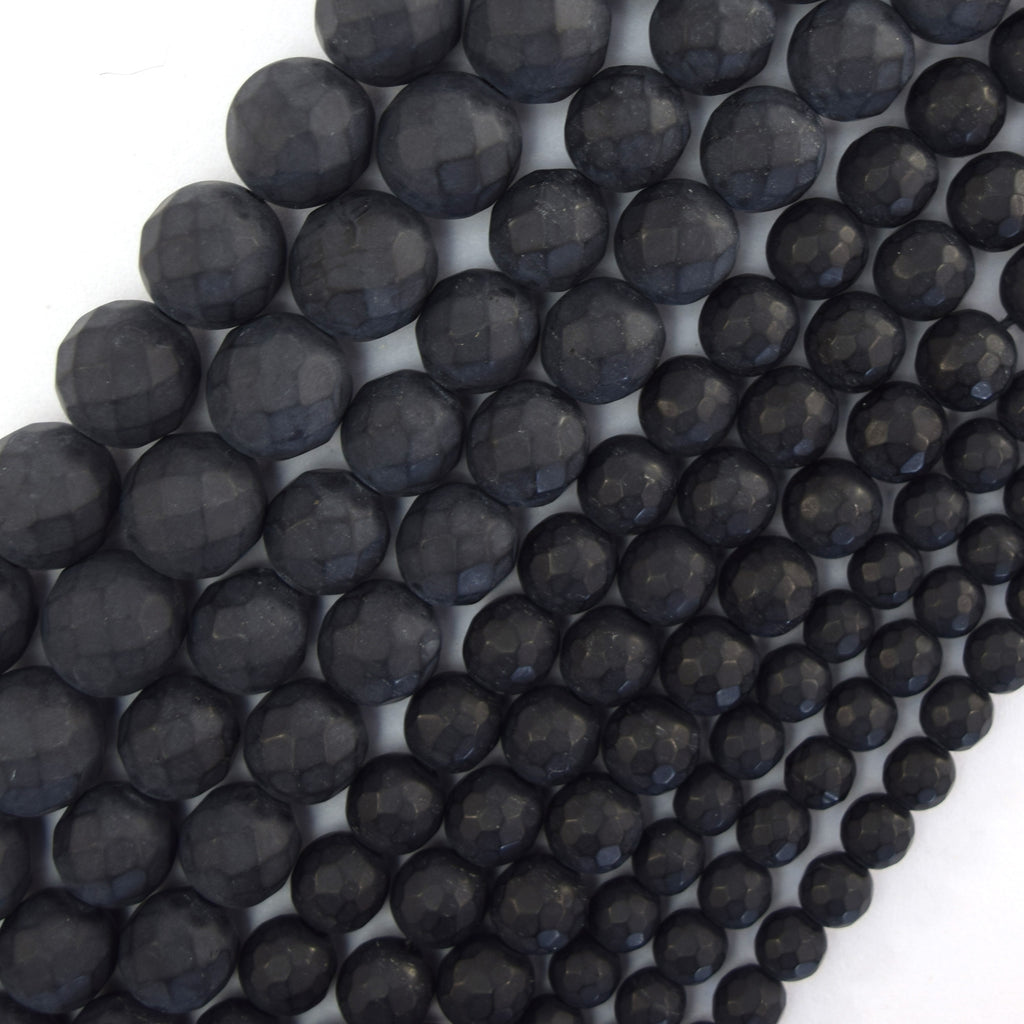 Matte Faceted Black Onyx Round Beads Gemstone 14.5" Strand 6mm 8mm 10mm 12mm