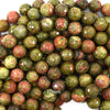 Natural Faceted Green Unakite Jasper Round Beads 15