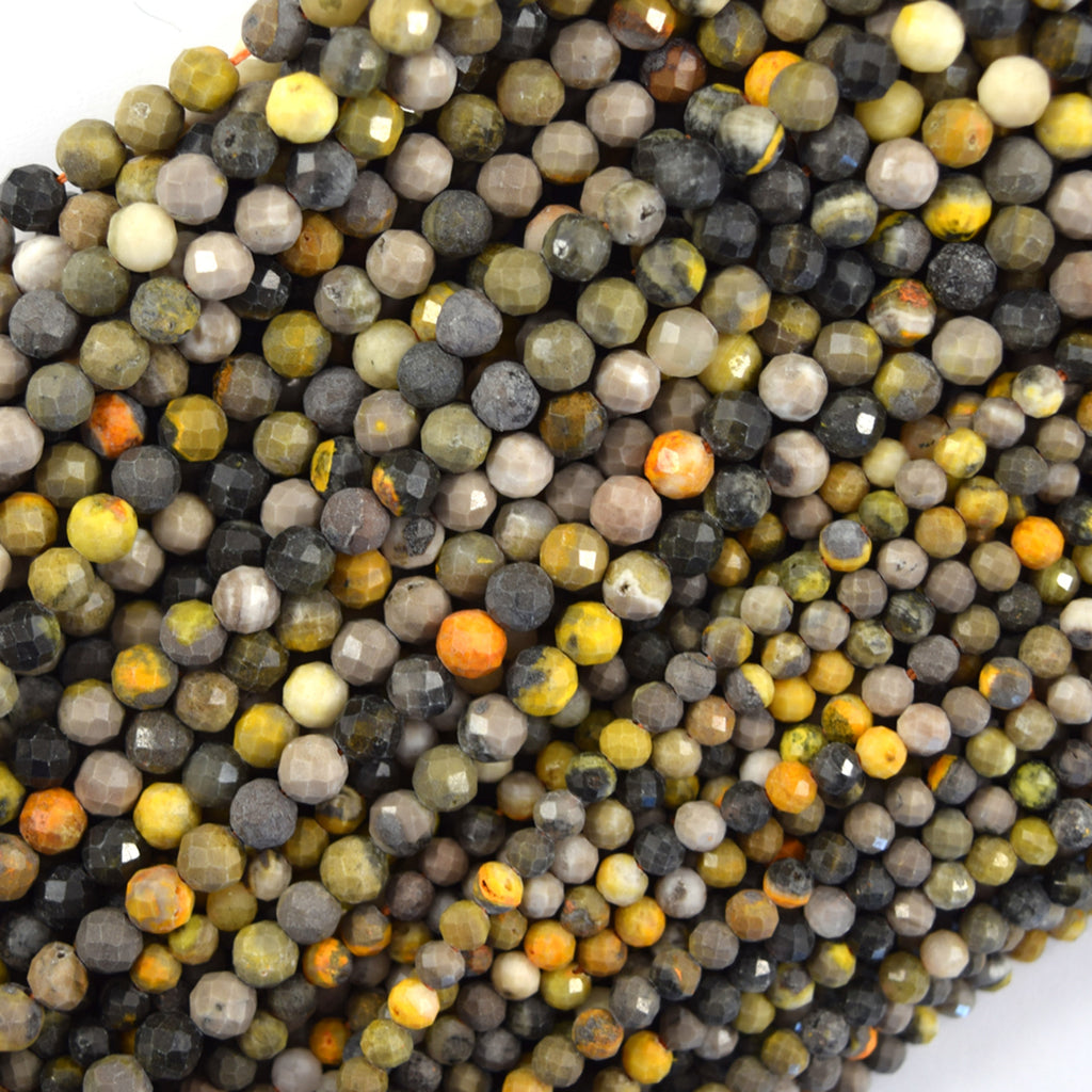 Natural Faceted Black Yellow Jasper Round Beads 15.5" Strand 3mm 4mm