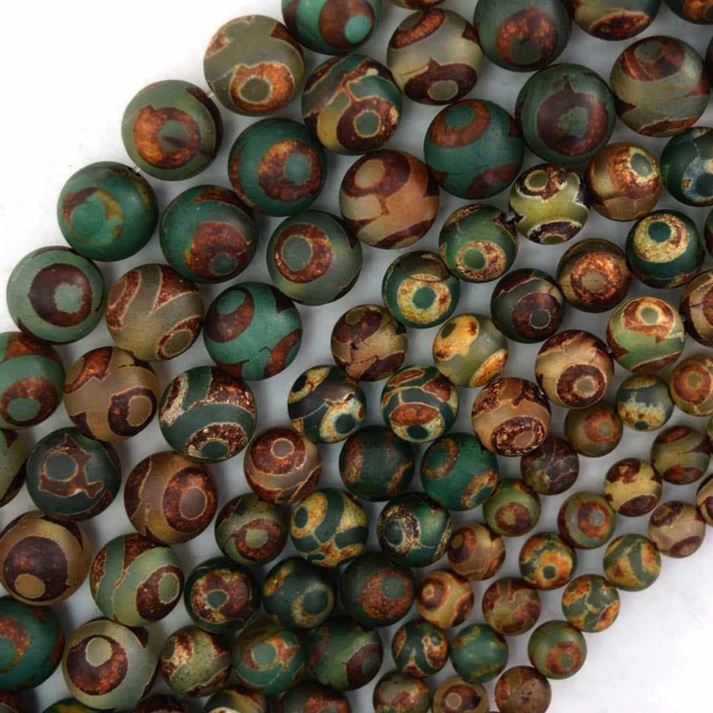 Matte Green Brown Tibetan DZI Agate Round Beads 15" 6mm 8mm 10mm Evil Eye