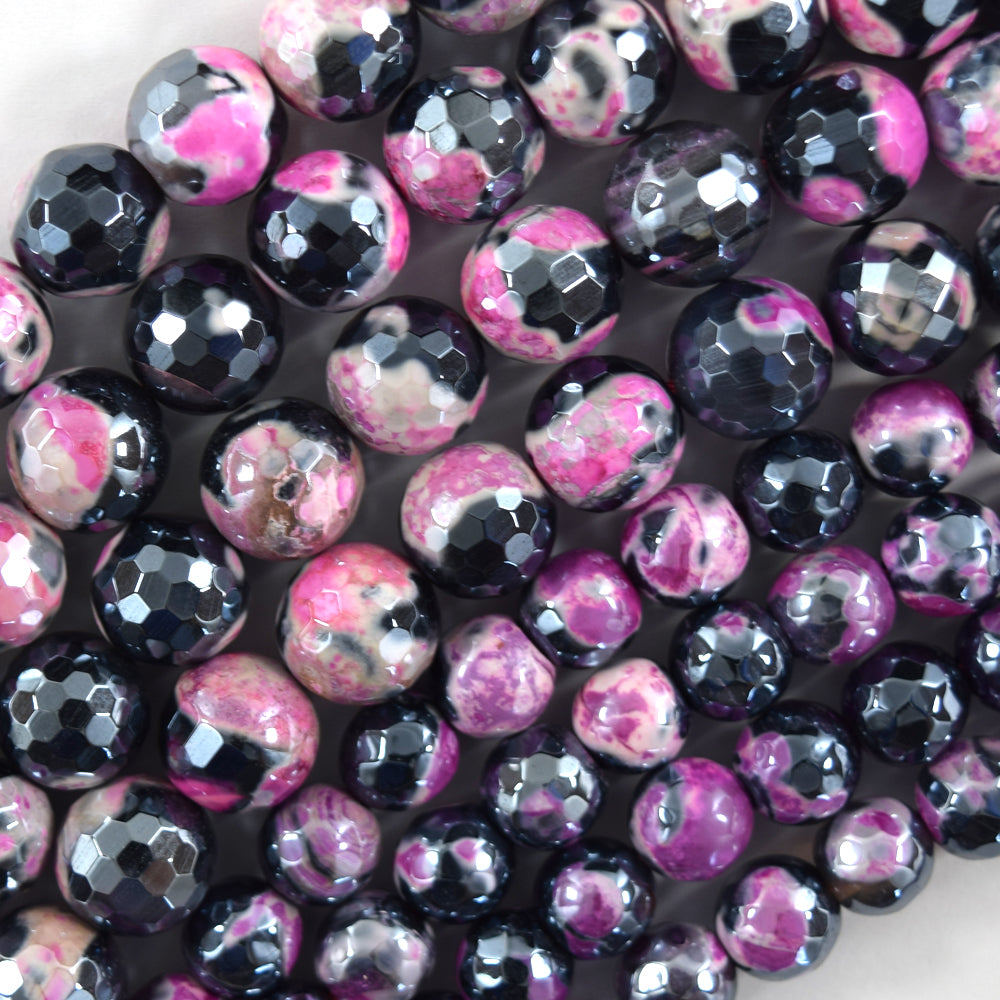 Mystic Titanium Faceted Magenta Black Agate Round Beads 15" Strand 8mm 10mm