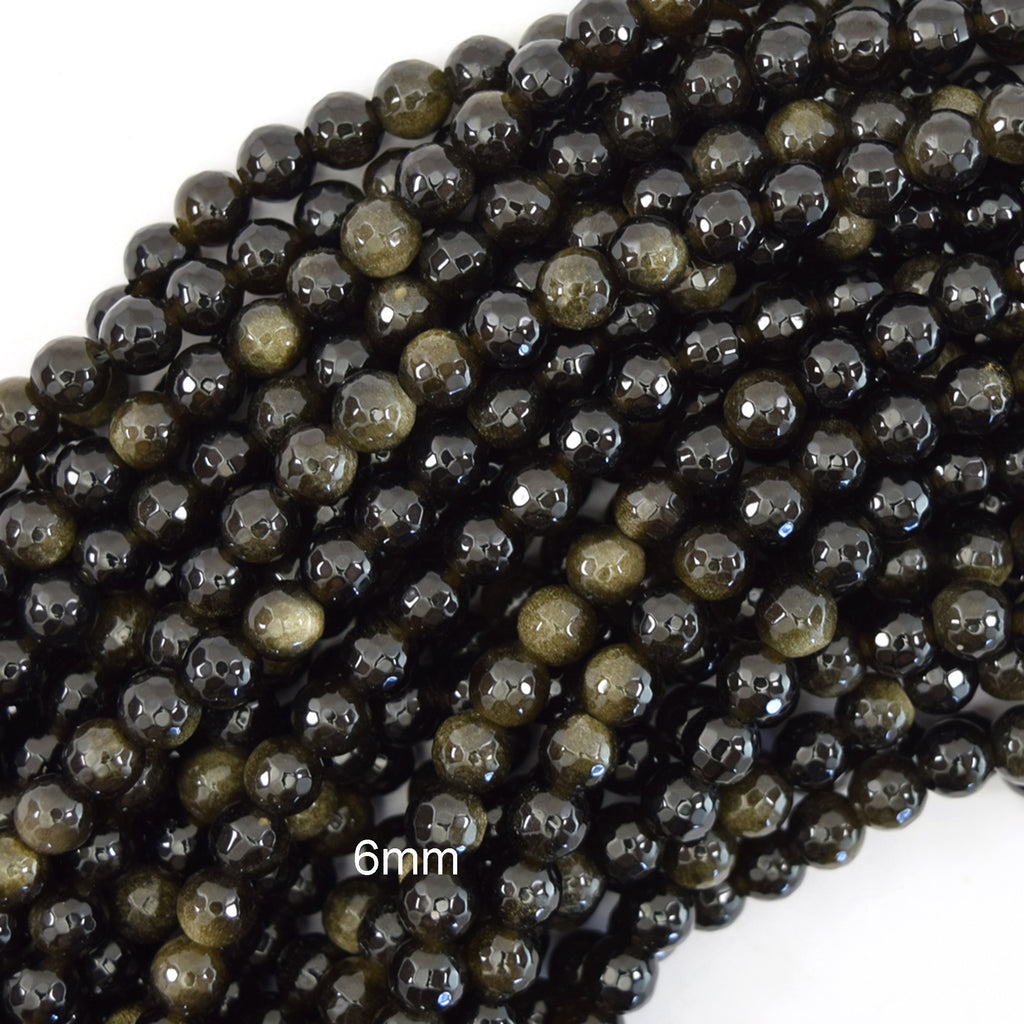 Natural Faceted Black Gold Obsidian Round Beads 15" Strand 4mm 6mm 8mm 10mm 12mm