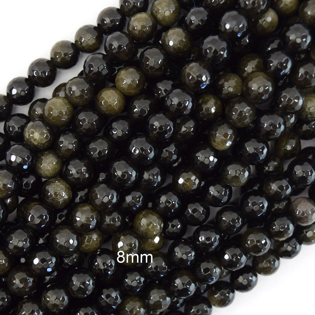 Natural Faceted Black Gold Obsidian Round Beads 15" Strand 4mm 6mm 8mm 10mm 12mm