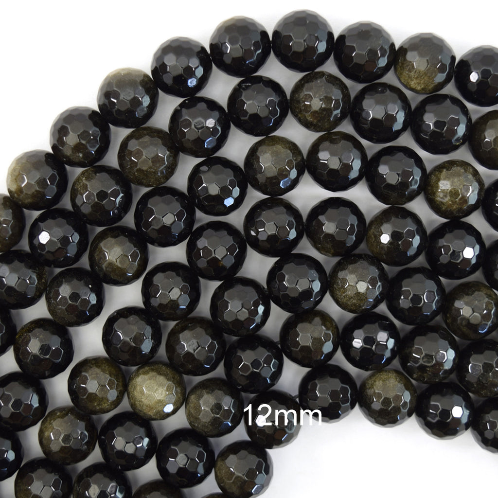 Natural Faceted Black Gold Obsidian Round Beads 15" Strand 4mm 6mm 8mm 10mm 12mm