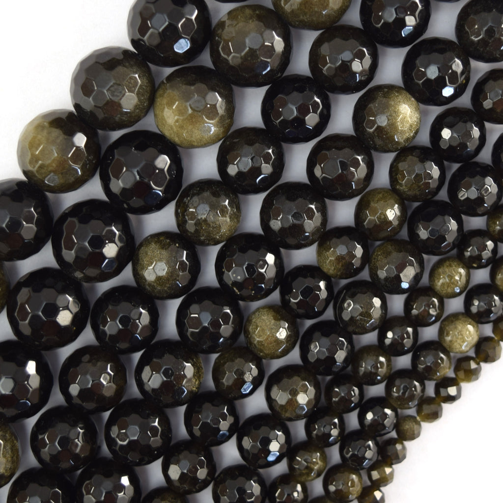 Natural Faceted Black Gold Obsidian Round Beads 15" Strand 4mm 6mm 8mm 10mm 12mm