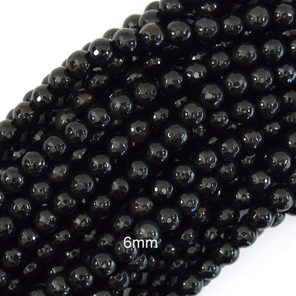 Natural Faceted Black Obsidian Round Beads 15" Strand 3mm 4mm 6mm 8mm 10mm