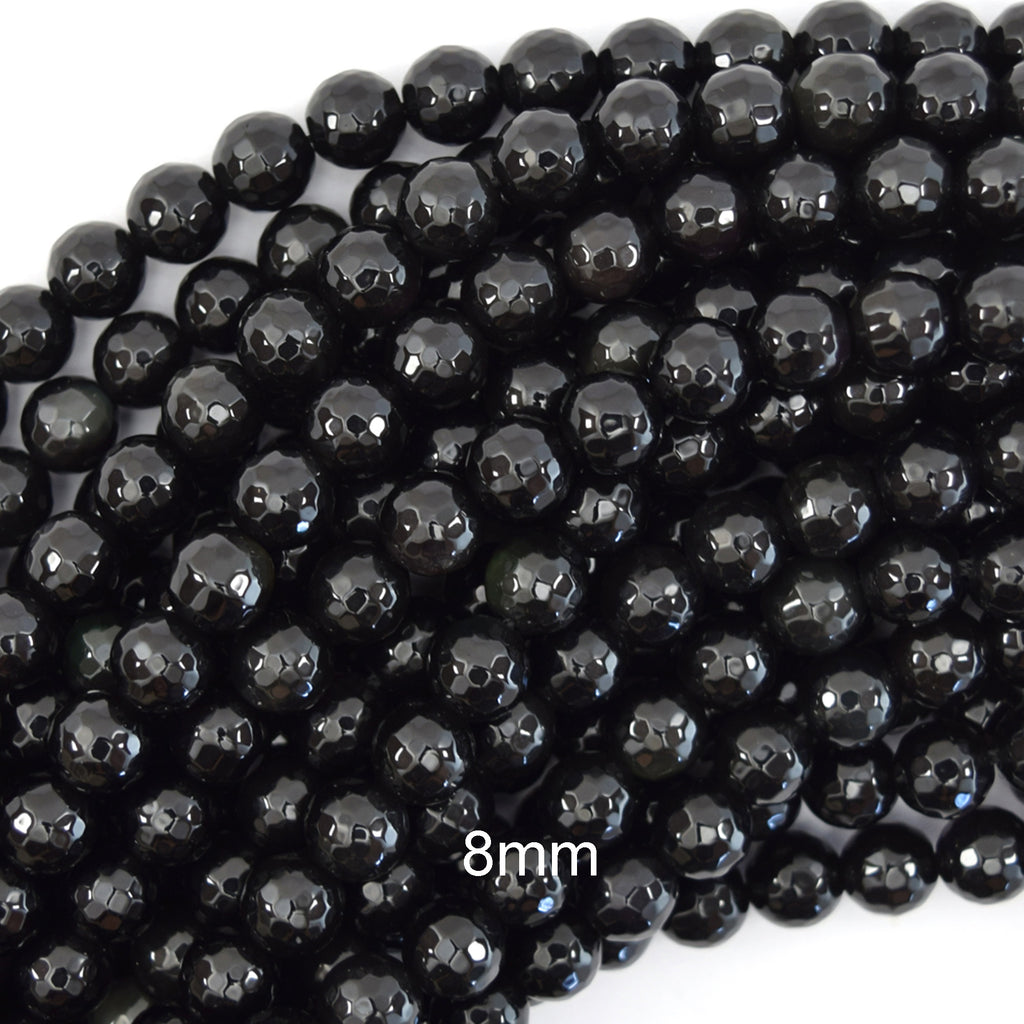 Natural Faceted Black Obsidian Round Beads 15" Strand 3mm 4mm 6mm 8mm 10mm