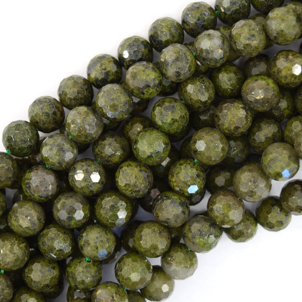 Natural Faceted Green Epidote Pyrite Inclusion Round Beads 15" 6mm 8mm 10mm 12mm