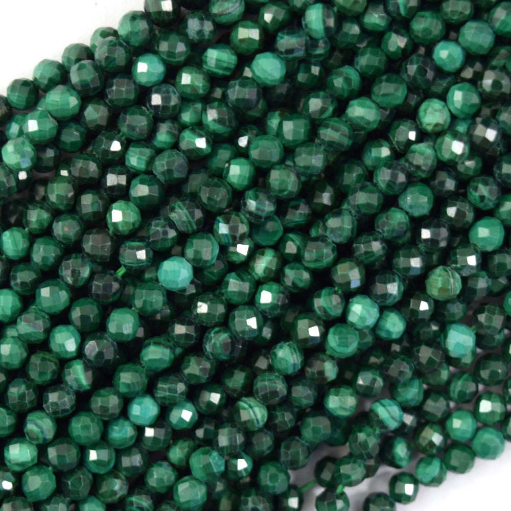 Natural Faceted Green Malachite Round Beads Gemstone 15.5" Strand 3mm 4mm