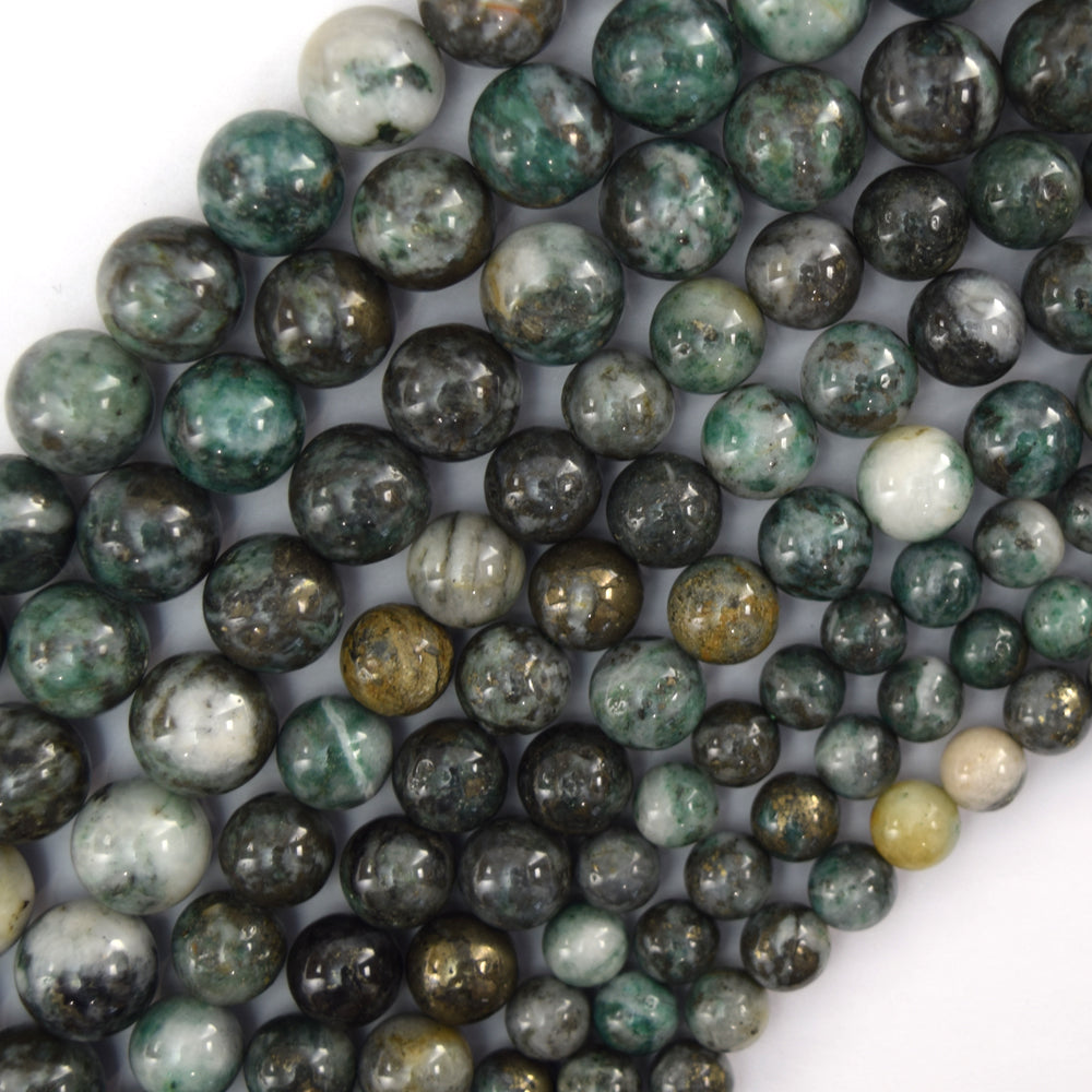 Rare Natural Pyrite In Blue Green Jade Round Beads 15" Strand 6mm 8mm 10mm