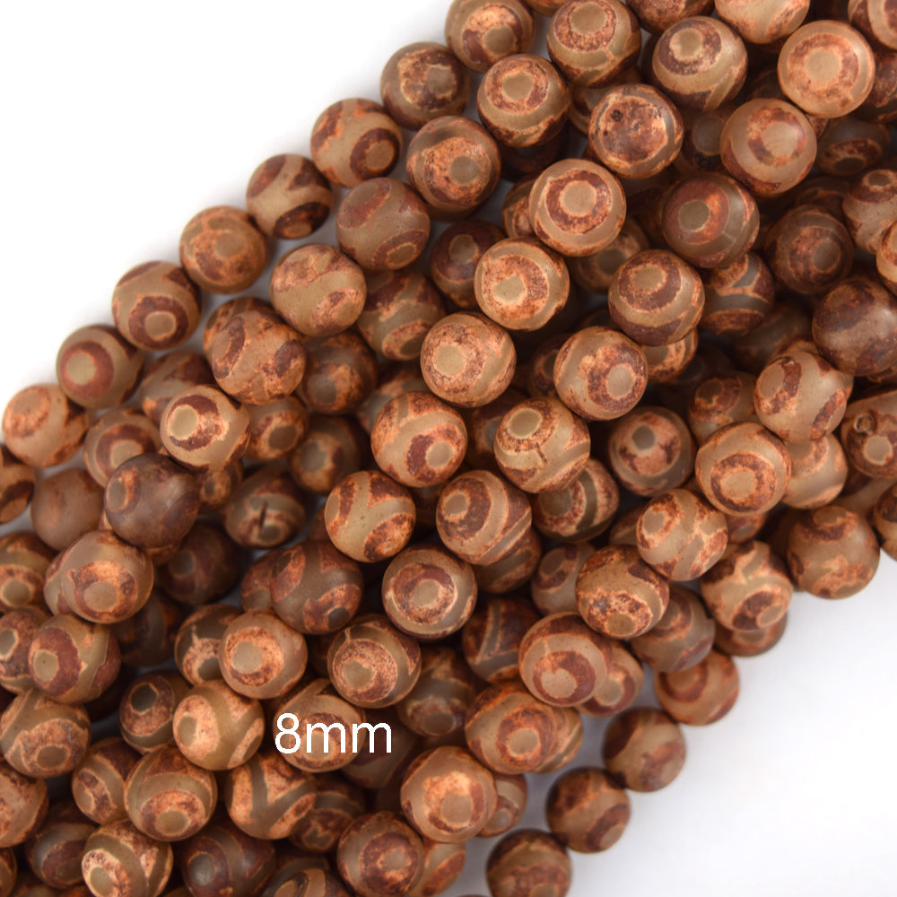 Matte Brown Tibetan DZI Agate Round Beads 15" Strand 6mm 8mm 10mm Evil Eye