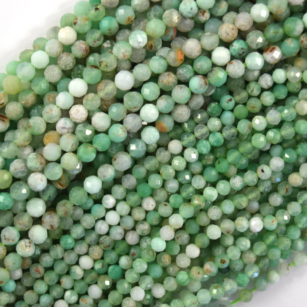 Natural Faceted Australian Green Chrysoprase Round Beads 15.5" Strand 3mm 4mm