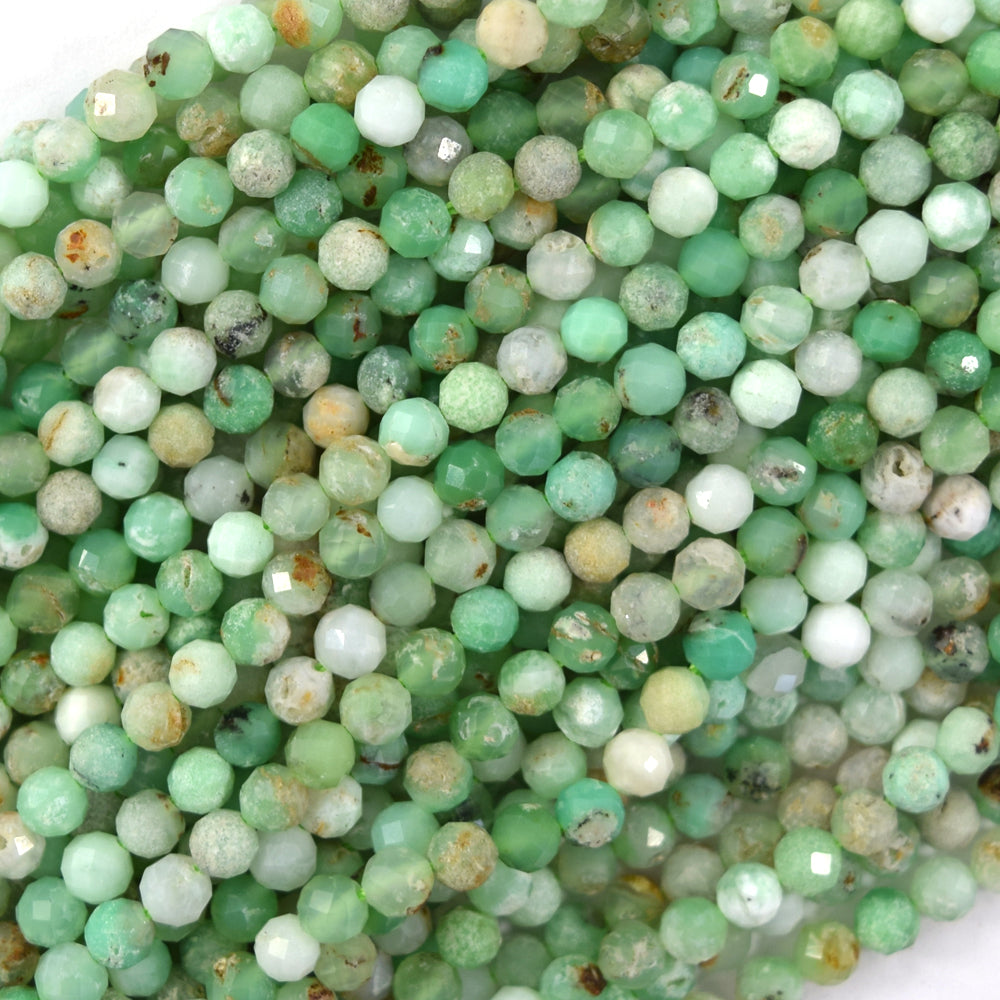 Natural Faceted Australian Green Chrysoprase Round Beads 15.5" Strand 3mm 4mm