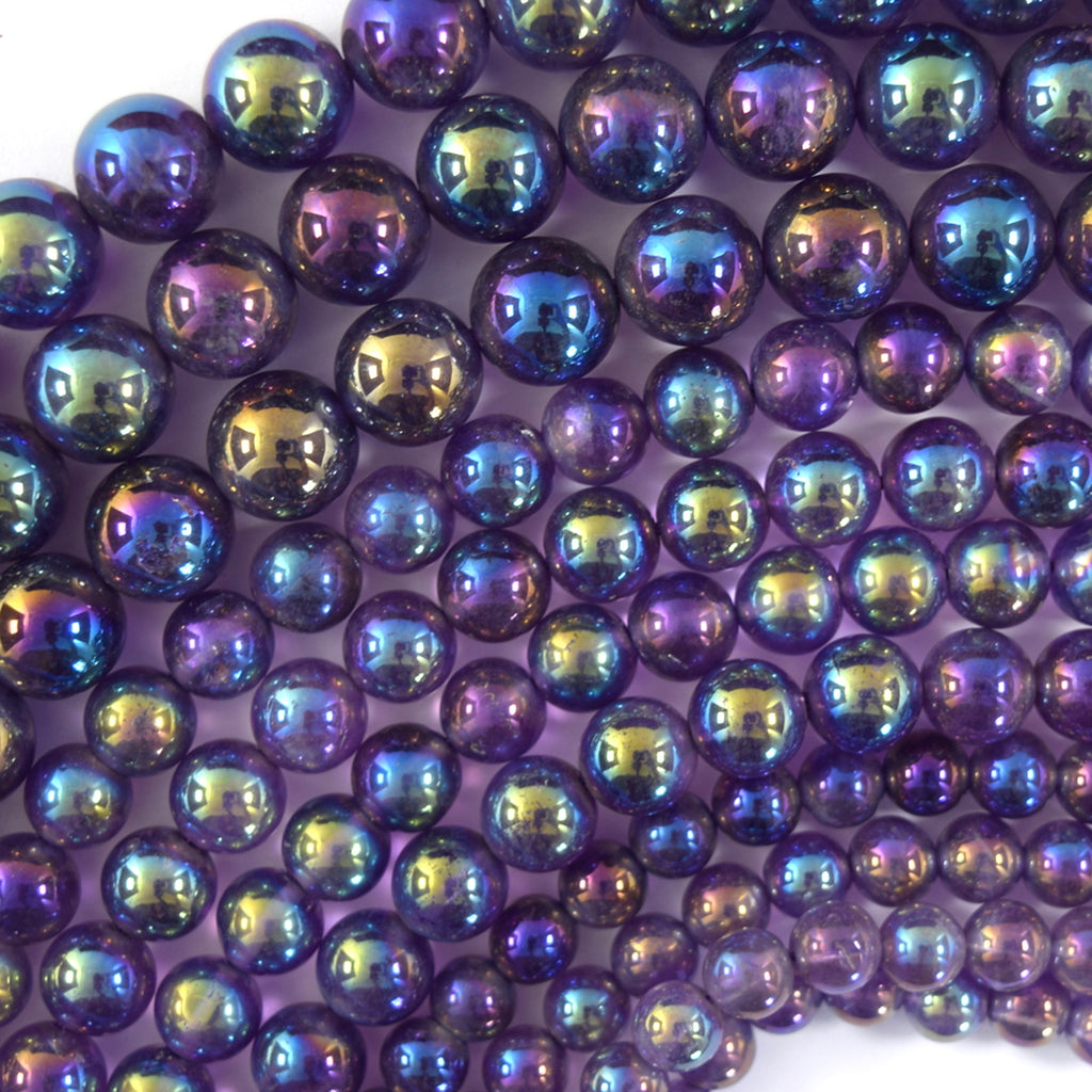 Mystic Titanium Natural Purple Amethyst Round Beads 15" Strand 6mm 8mm 10mm