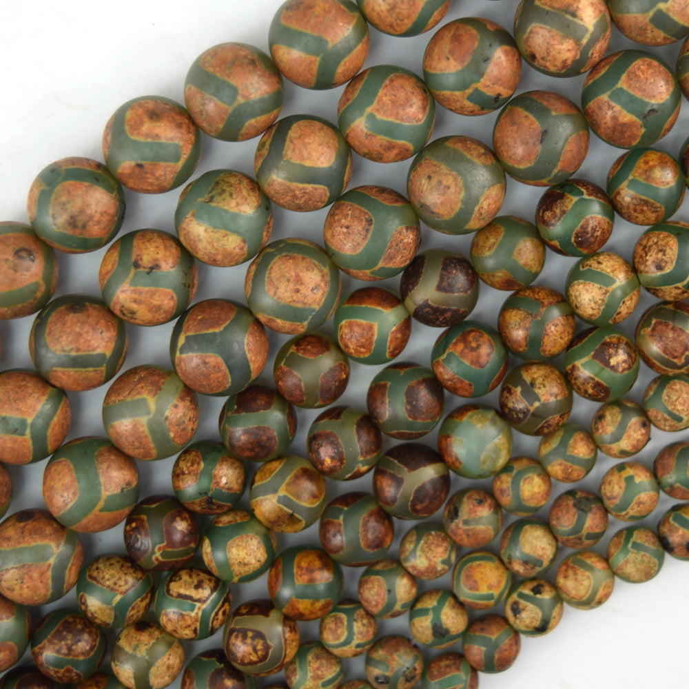 Matte Green Brown Tibetan DZI Agate Round Beads 15" Strand 6mm 8mm 10mm Football