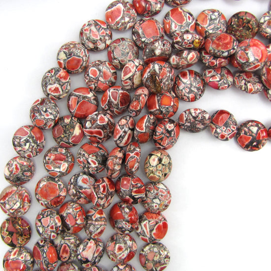 Red Mosaic Flower Turquoise Coin Disc Beads Gemstone 15.5" Strand 14mm 16mm