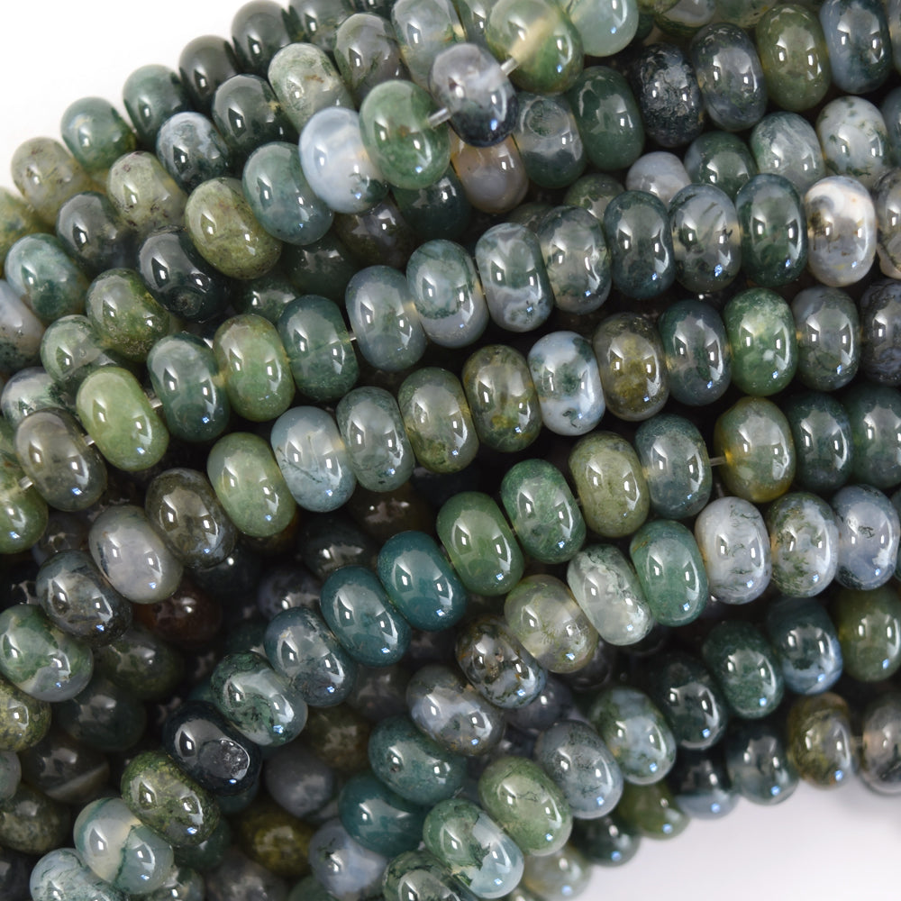 Natural Green Moss Agate Rondelle Button Beads 15" Strand 2x4mm 4x6mm 5x8mm
