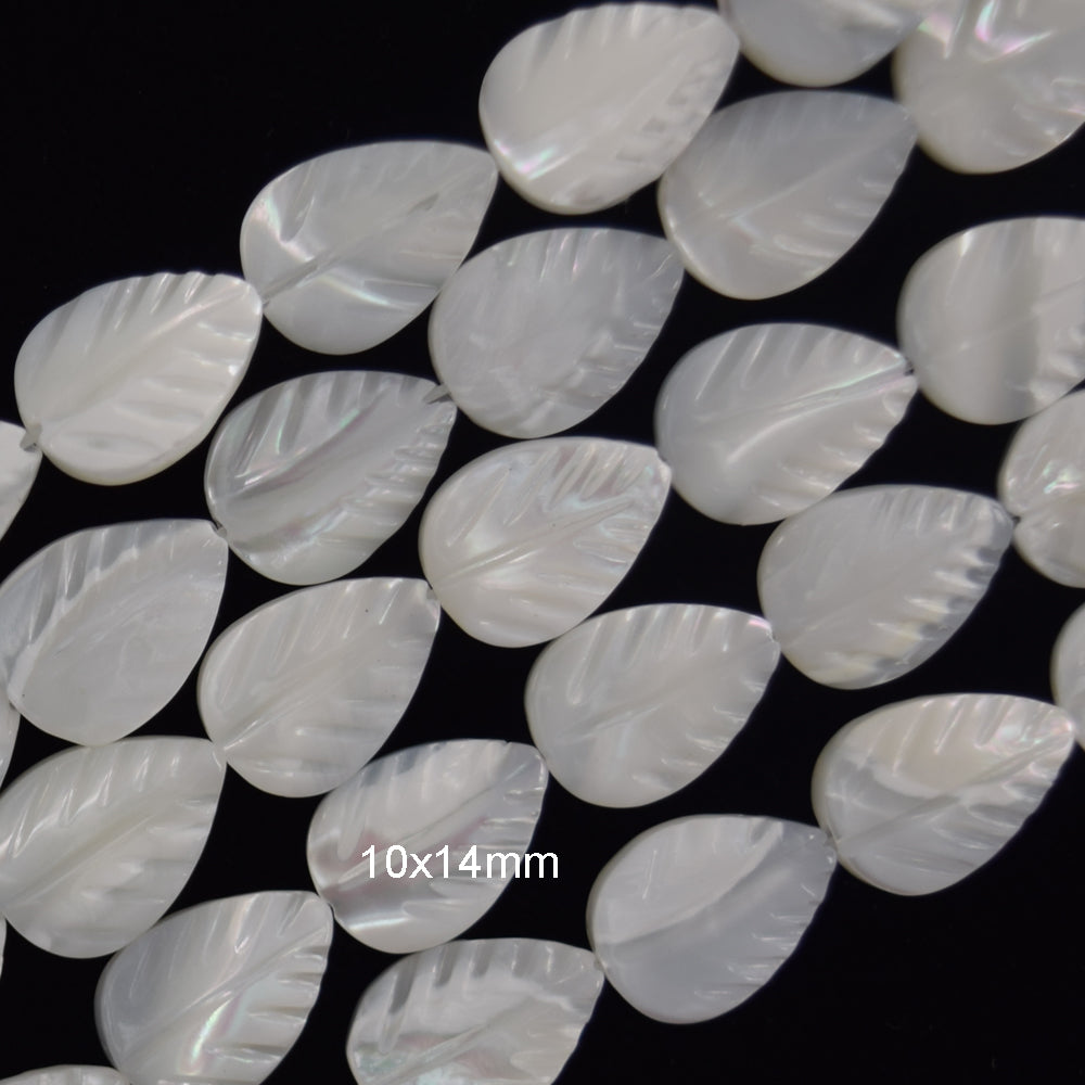 White Mother Of Pearl MOP Carved Leaf Beads Gemstone 15.5" Strand 14mm 20mm
