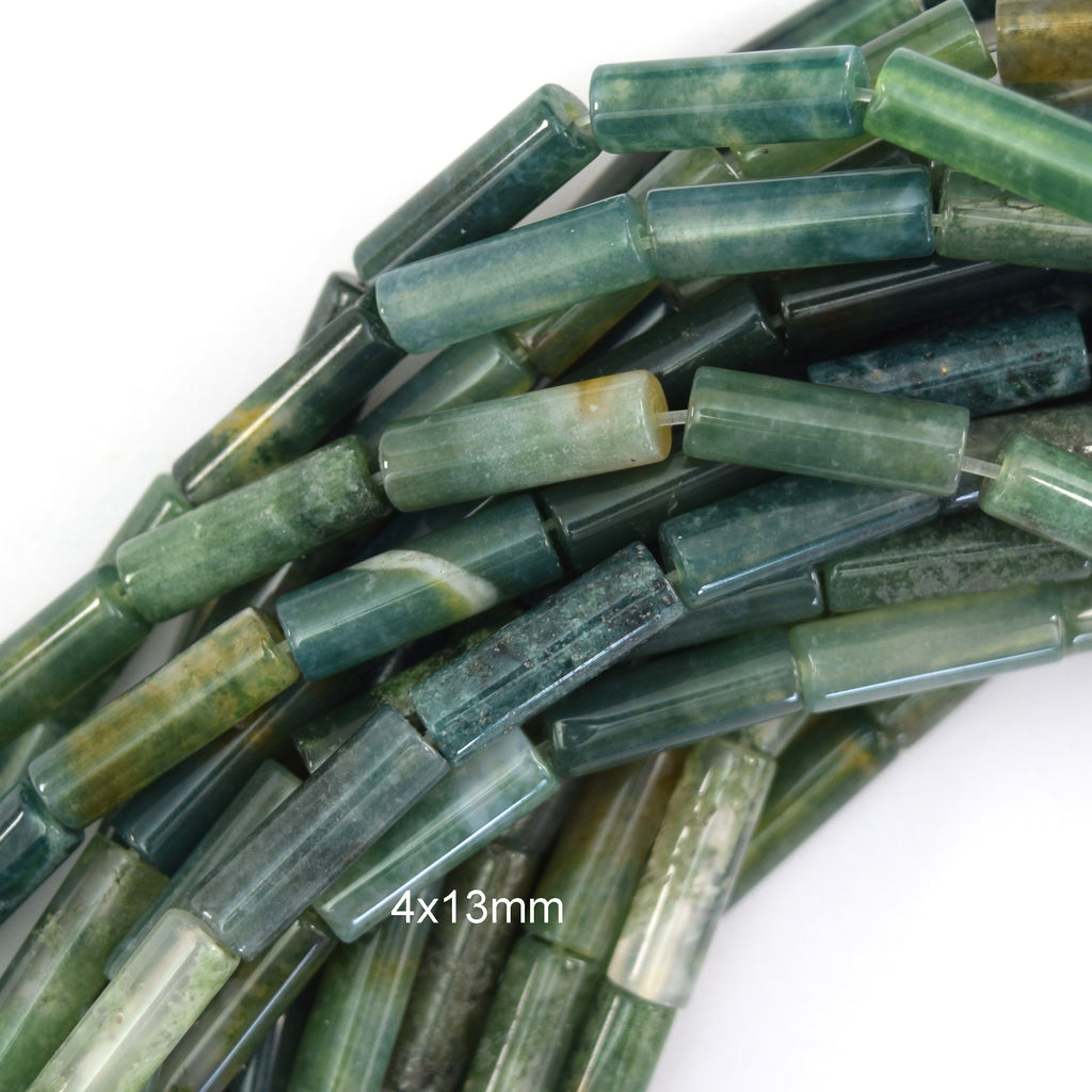 4x13mm natural green moss agate tube cylinder beads 15" strand 13mm