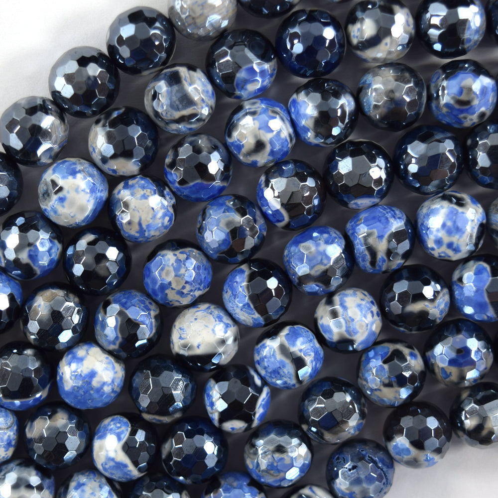 Mystic Titanium Faceted Blue Black Agate Round Beads 15" Strand 8mm 10mm