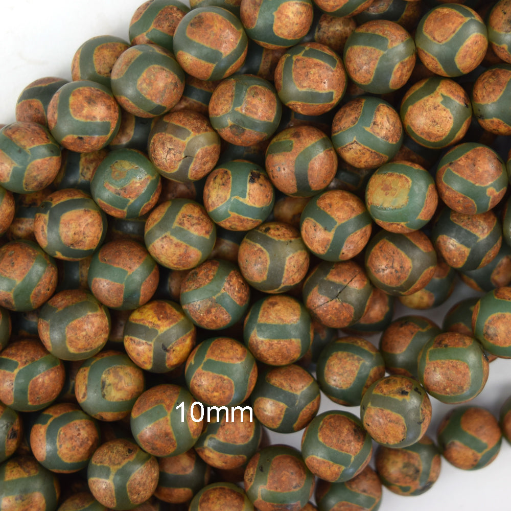 Matte Green Brown Tibetan DZI Agate Round Beads 15" Strand 6mm 8mm 10mm Football