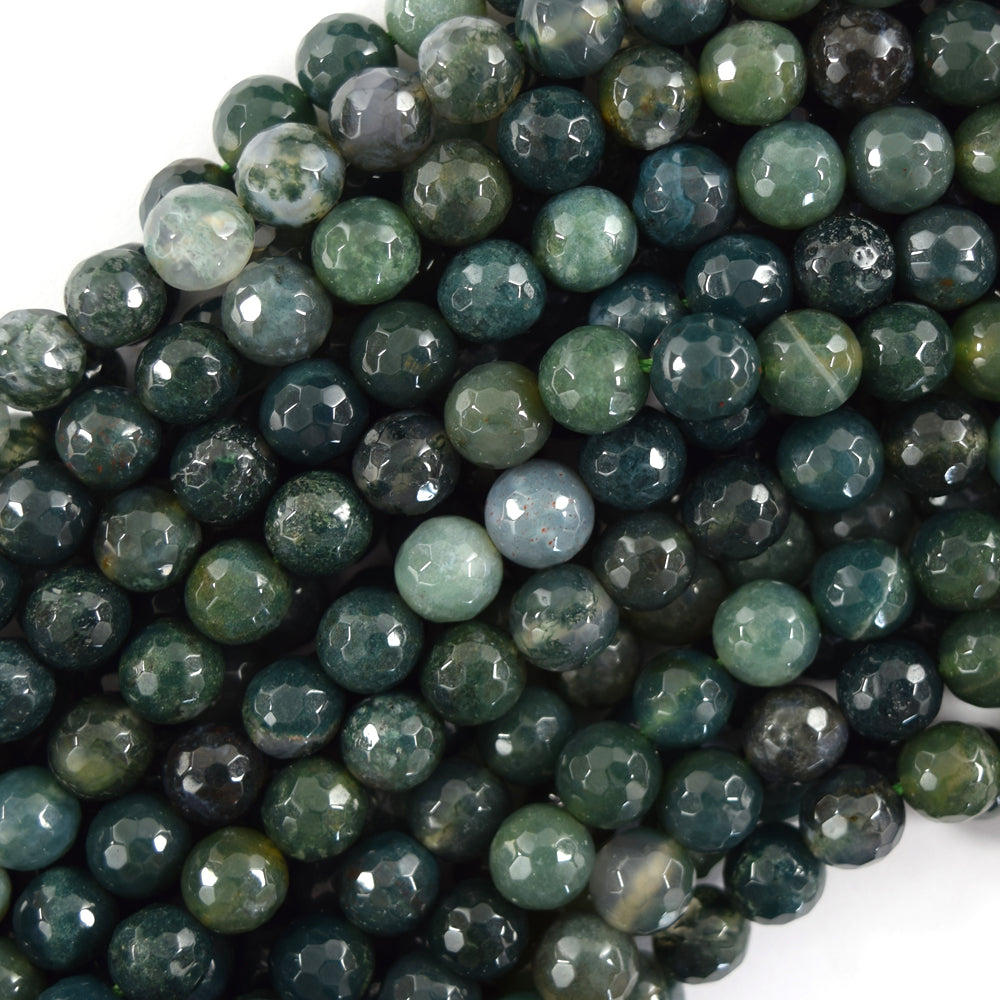 Natural Faceted Green Moss Agate Round Beads Gemstone 14.5" Strand 6mm 8mm 10mm