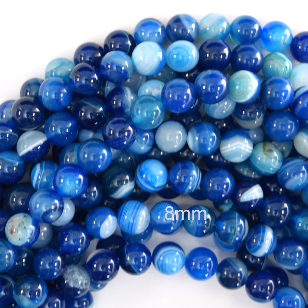 8mm blue stripe agate round beads 15" strand