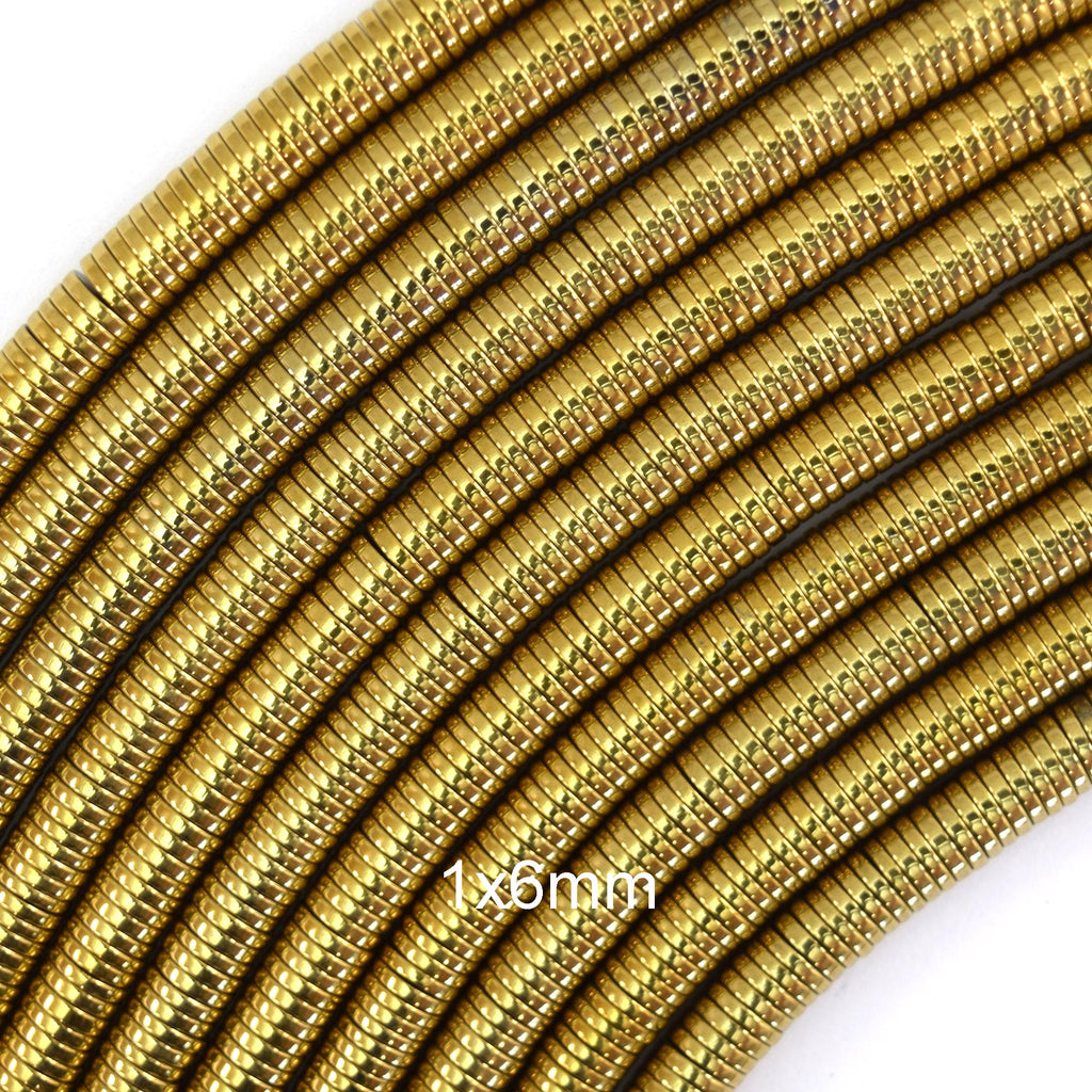 1mm Thick Gold Hematite Heishi Disc Slice Beads 15.5" Strand 1x4mm 1x6mm 1x8mm