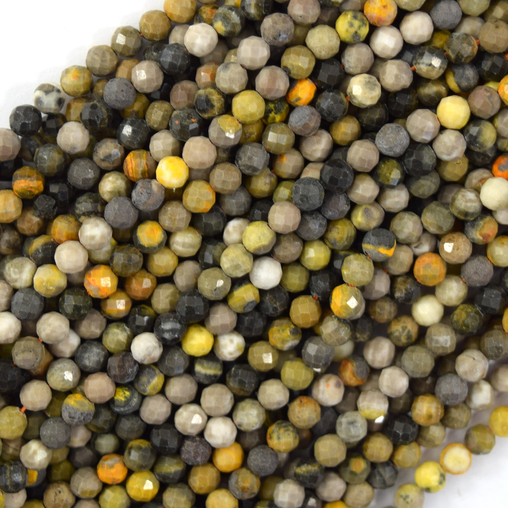 Natural Faceted Yellow Bumblebee Jasper Round Beads 15.5" Strand 3mm 4mm