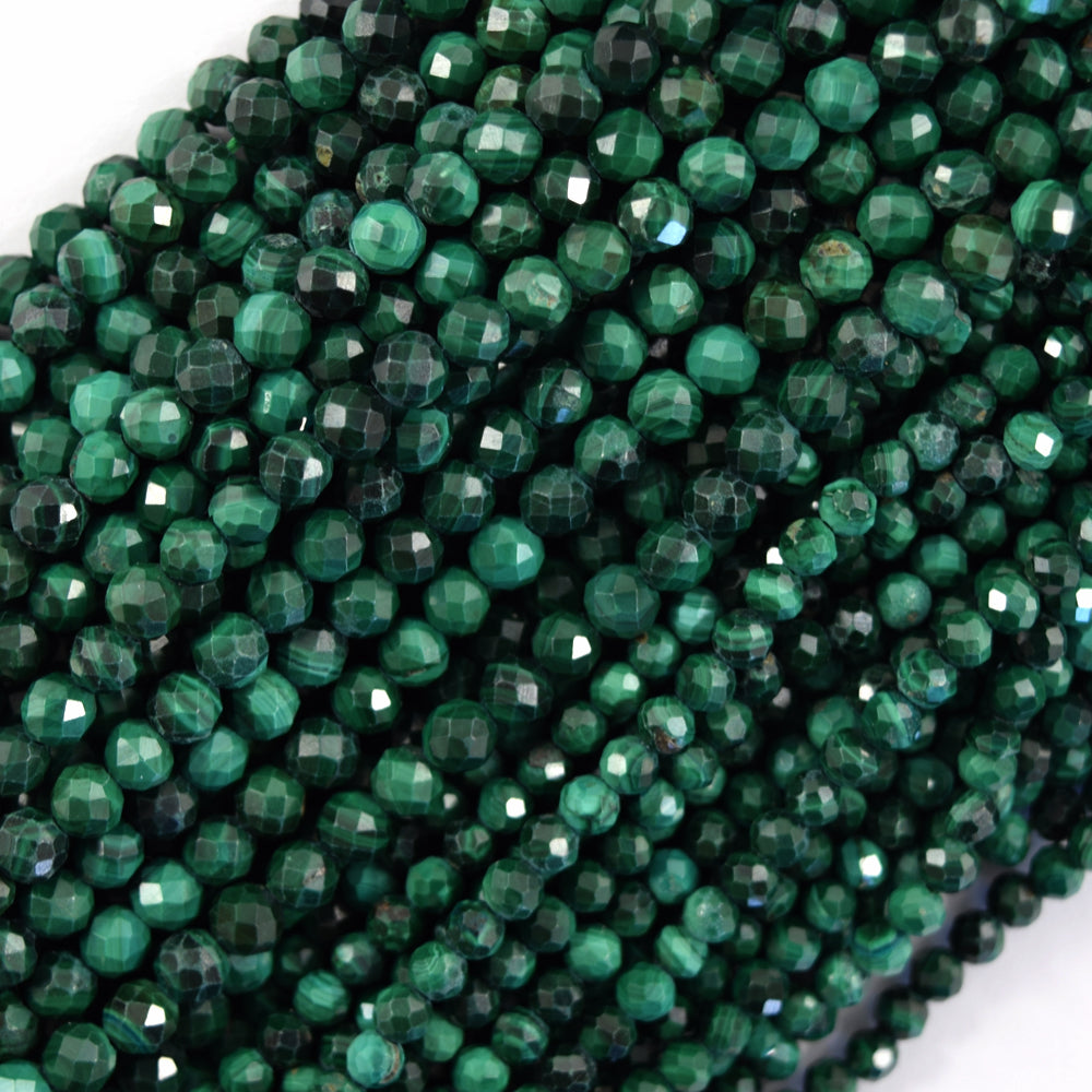 Natural Faceted Green Malachite Round Beads Gemstone 15.5" Strand 3mm 4mm