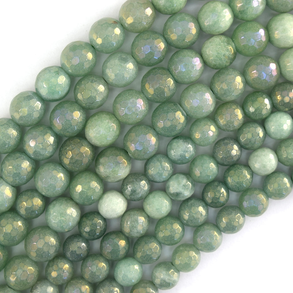 Mystic Titanium Faceted Green Aventurine Round Beads 15" Strand 6mm 8mm 10mm