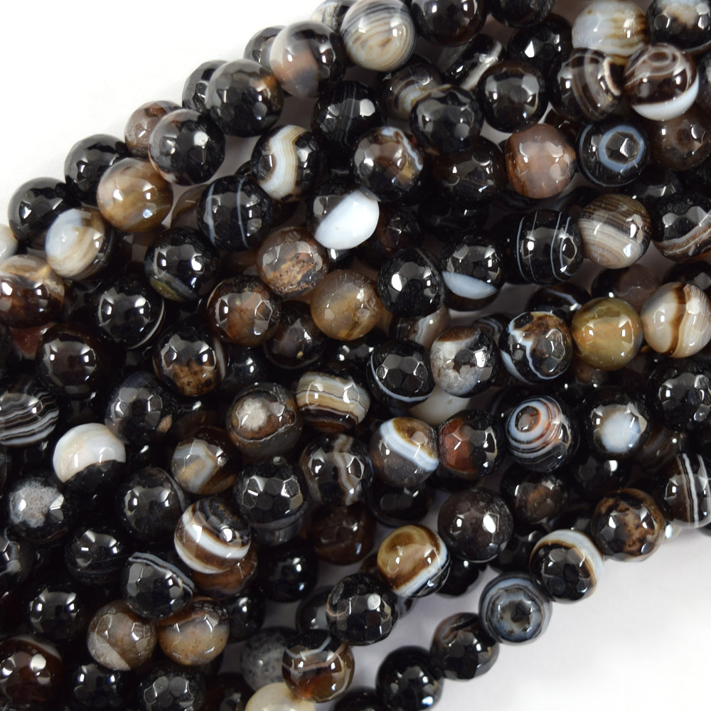 Faceted Black Brown Stripe Agate Round Beads Gemstone 14.5" Strand 6mm 8mm