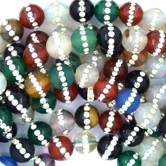 Multi Stones Round Beads With Rhinestone inlaid 15" Strand 6mm 8mm 10mm 12mm