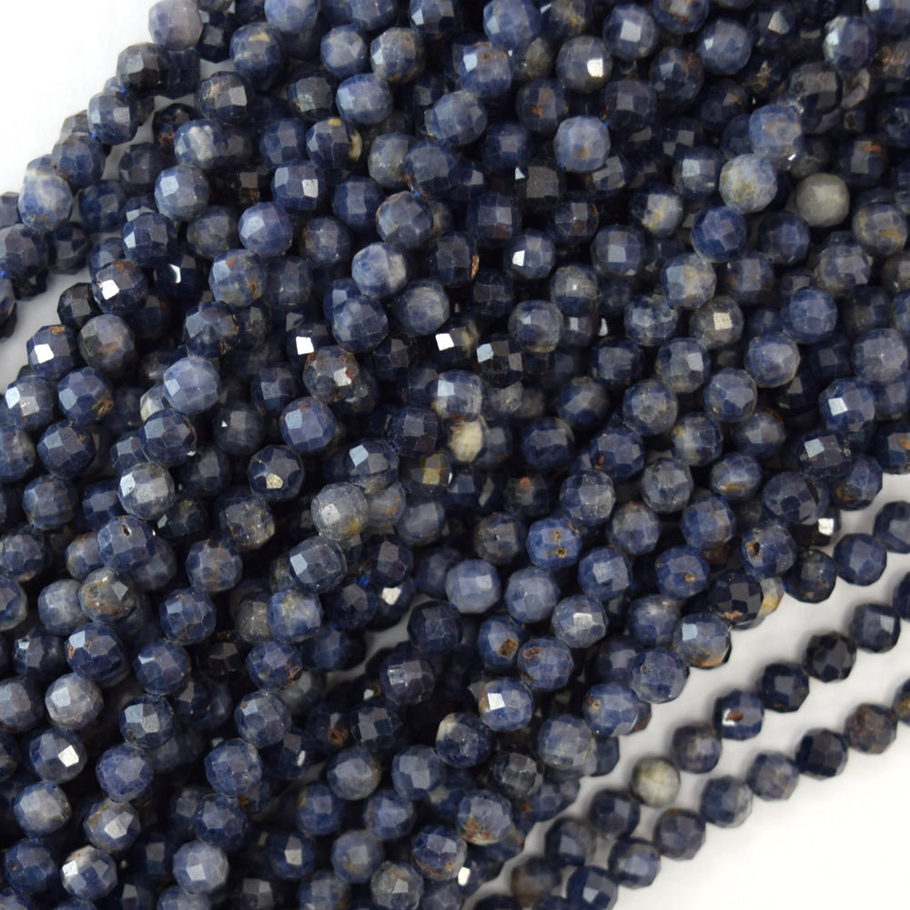 Natural Genuine Faceted Blue Sapphire Round Beads Gemstone 15.5" Strand 3mm 4mm