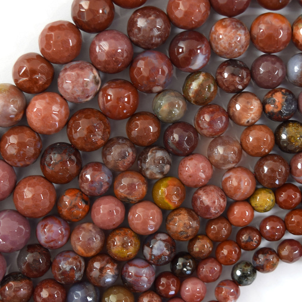 Natural Faceted Red Brown Portuguese Agate Round Beads 15" Strand 6mm 8mm 10mm