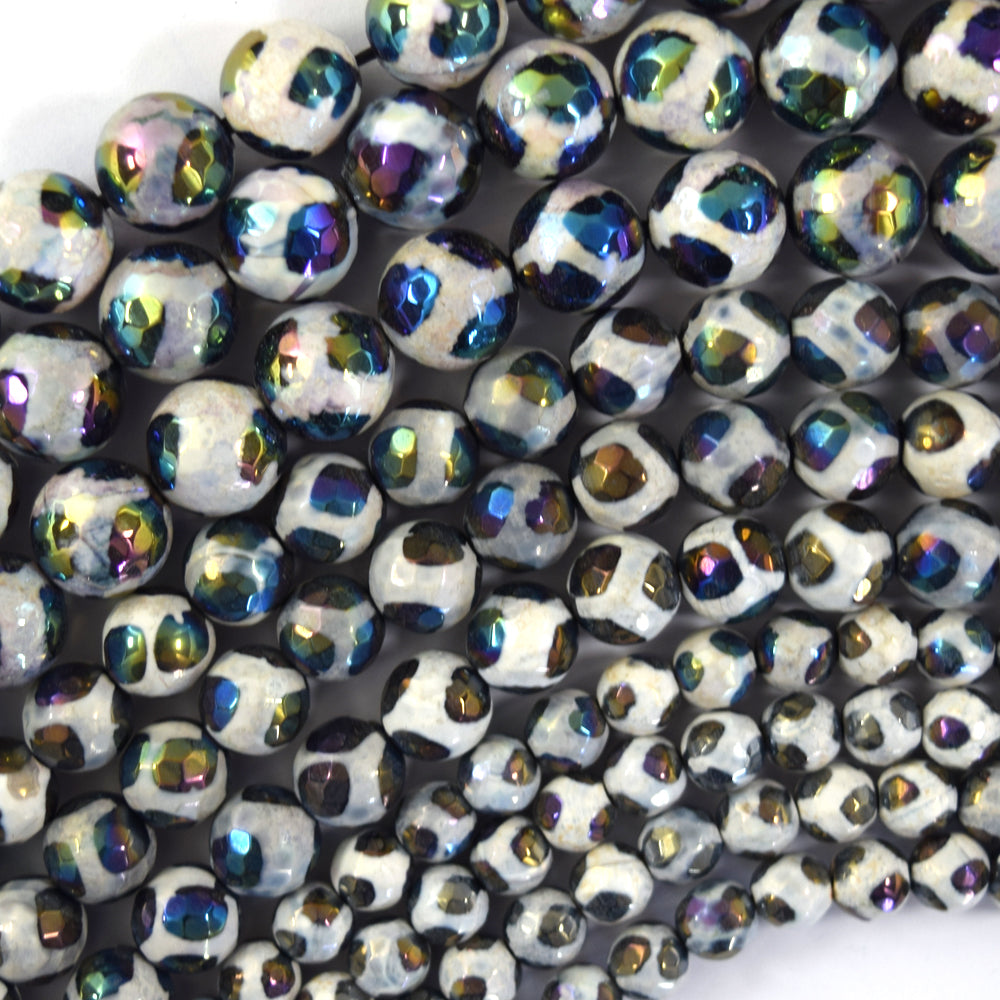 Mystic Titanium Faceted Black Tibetan Agate Round Beads 15"6m 8mm 10mm Football