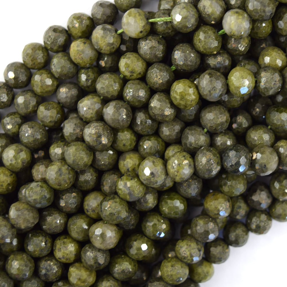 Natural Faceted Green Epidote Pyrite Inclusion Round Beads 15" 6mm 8mm 10mm 12mm